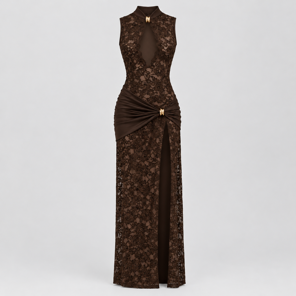 Maria Plunge Lace Dress - Brown