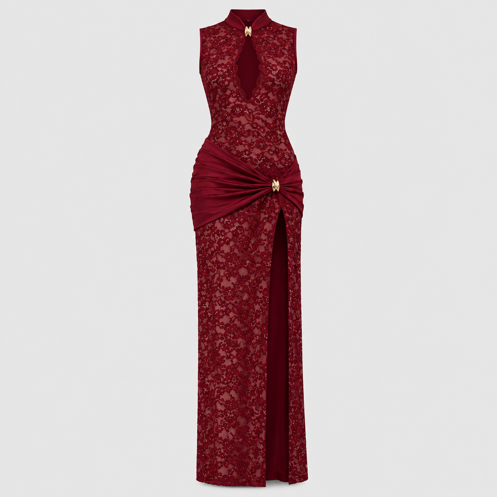 Maria Plunge Lace Dress - Wine Red