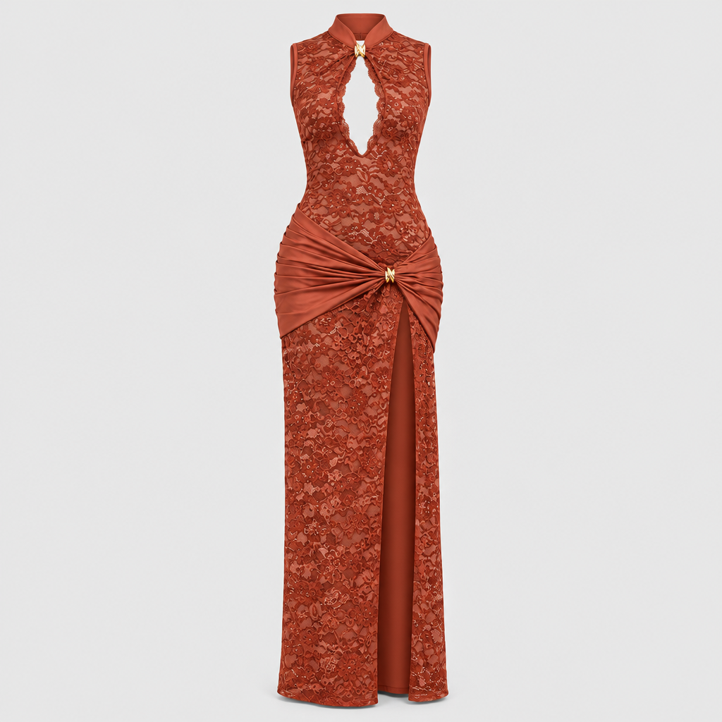 Maria Plunge Lace Dress - Clay