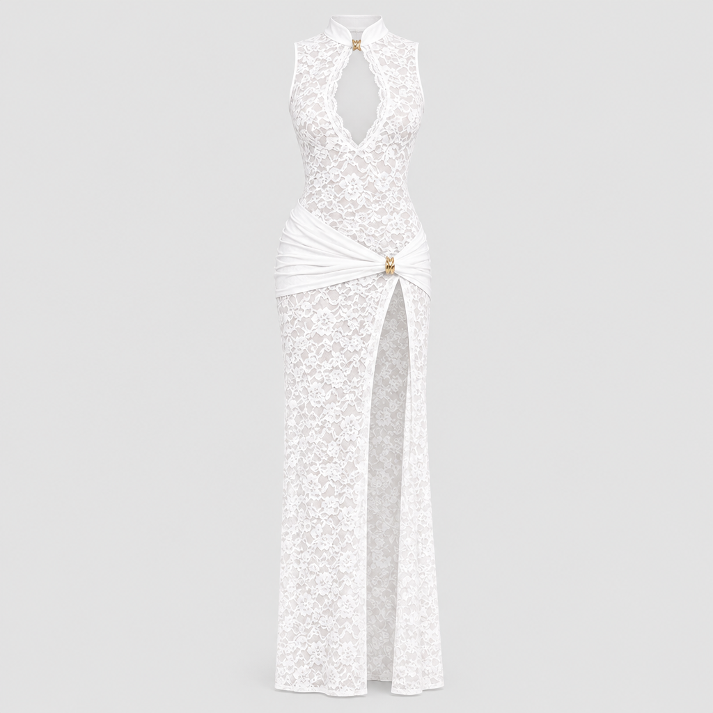 Maria Plunge Lace Dress - White