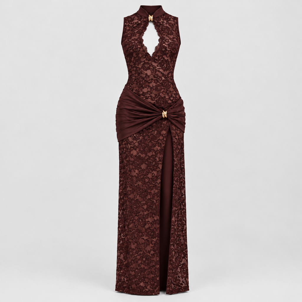 Maria Plunge Lace Dress - Reddish Brown