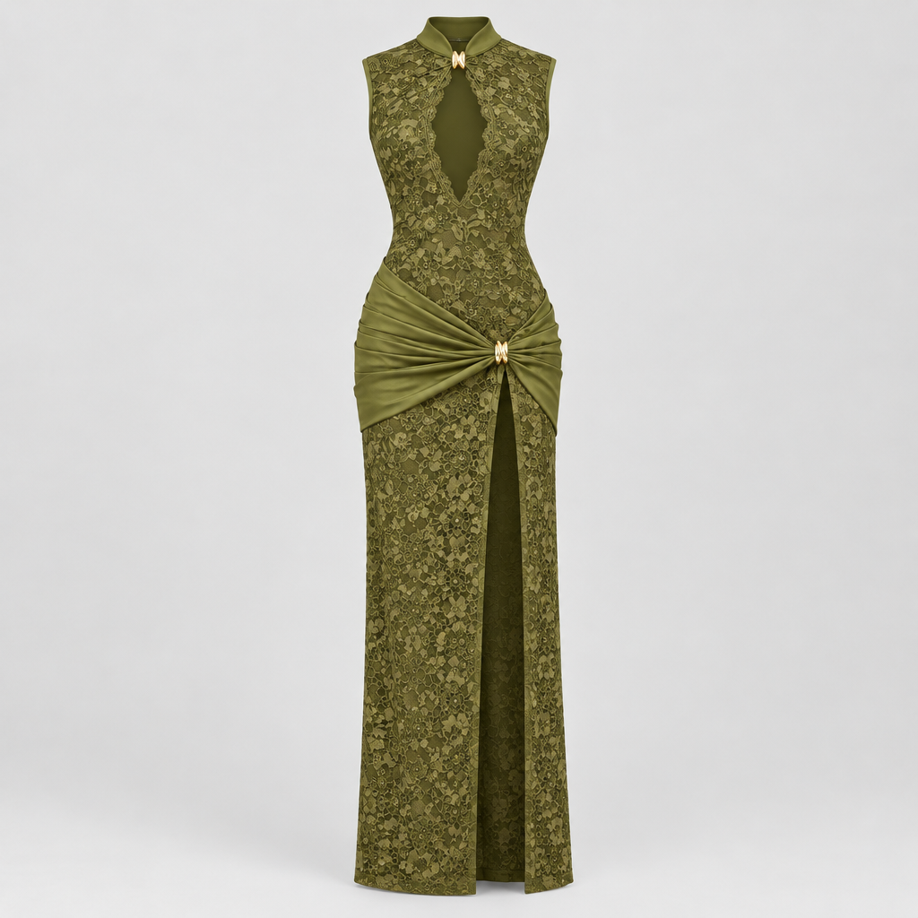 Maria Plunge Lace Dress - Green